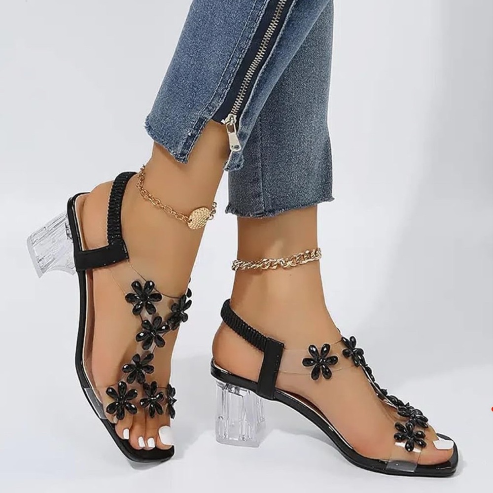 Black Floral Sandals with Clear Straps